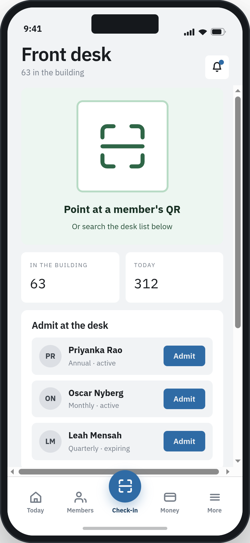 FynGym owner app check-in screen