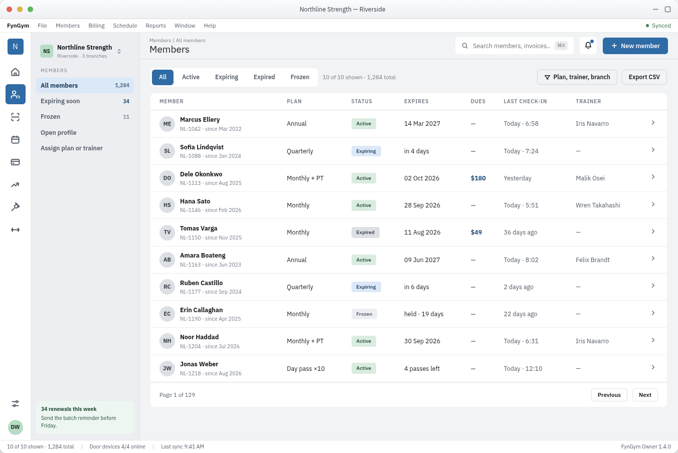 Member list with plan, dues and attendance filters