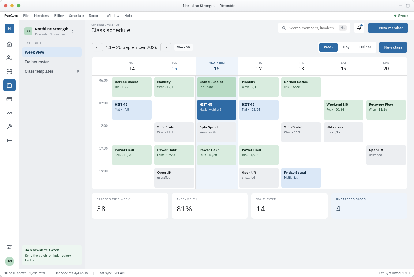 Weekly class schedule with capacity and waitlists